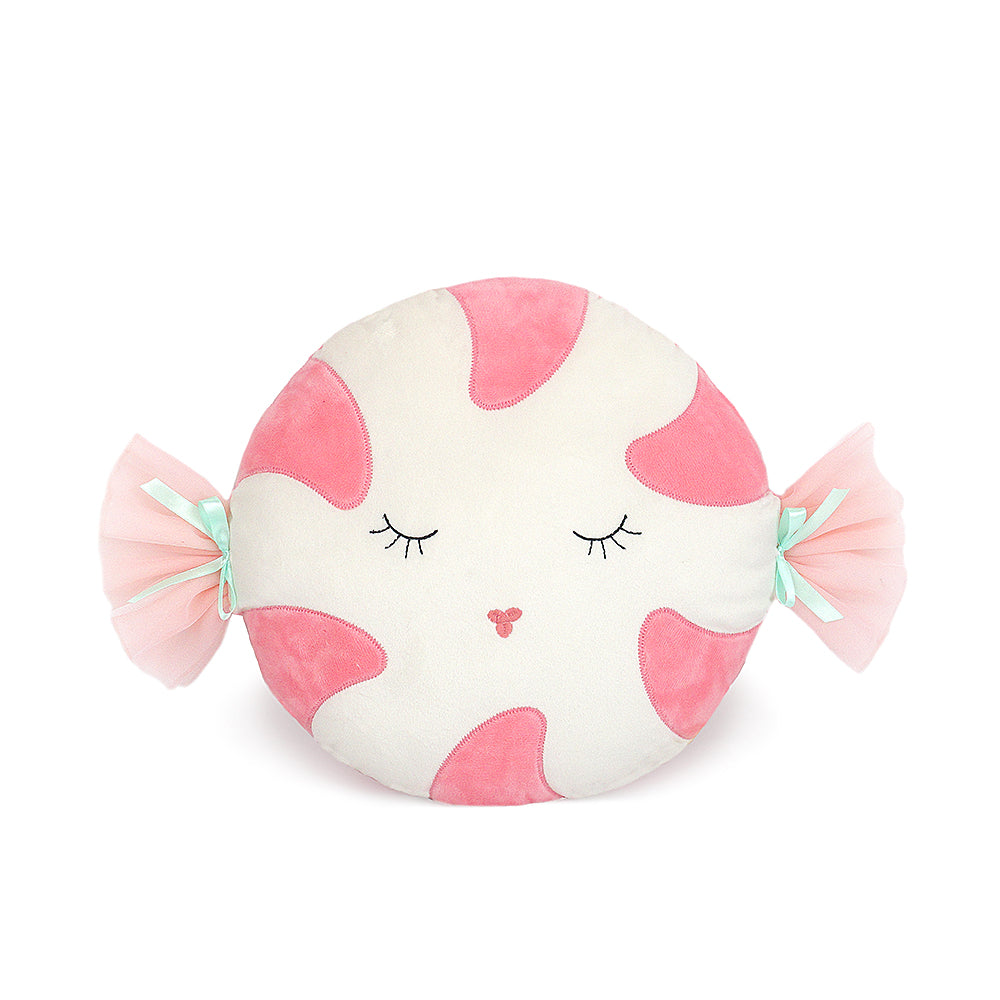 Add a sweet touch to a little one’s bedroom or playroom with Mon Ami’s Peppermint Candy. Children’s Decorative Pillow. Thoughtfully detailed with a pink-and-white candy-like pattern, tulle wrapping fastened with mint green ribbons and enchanting embroidered face, our Christmas decorative pillow is an instant holiday hit. The plush design and oversized 18-inch shape make this children’s decorative pillow naptime-ready.