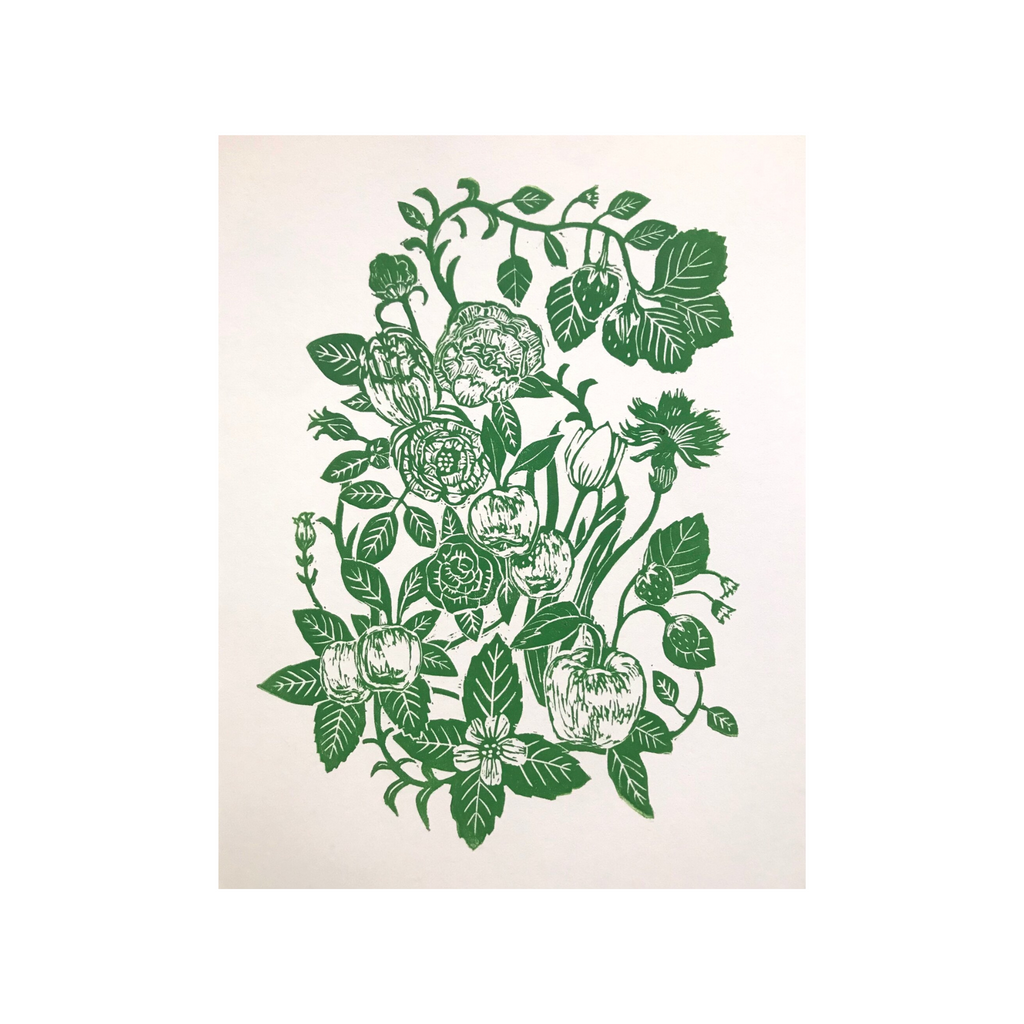 hand carved and pressed green 11x14 print of bear fruit