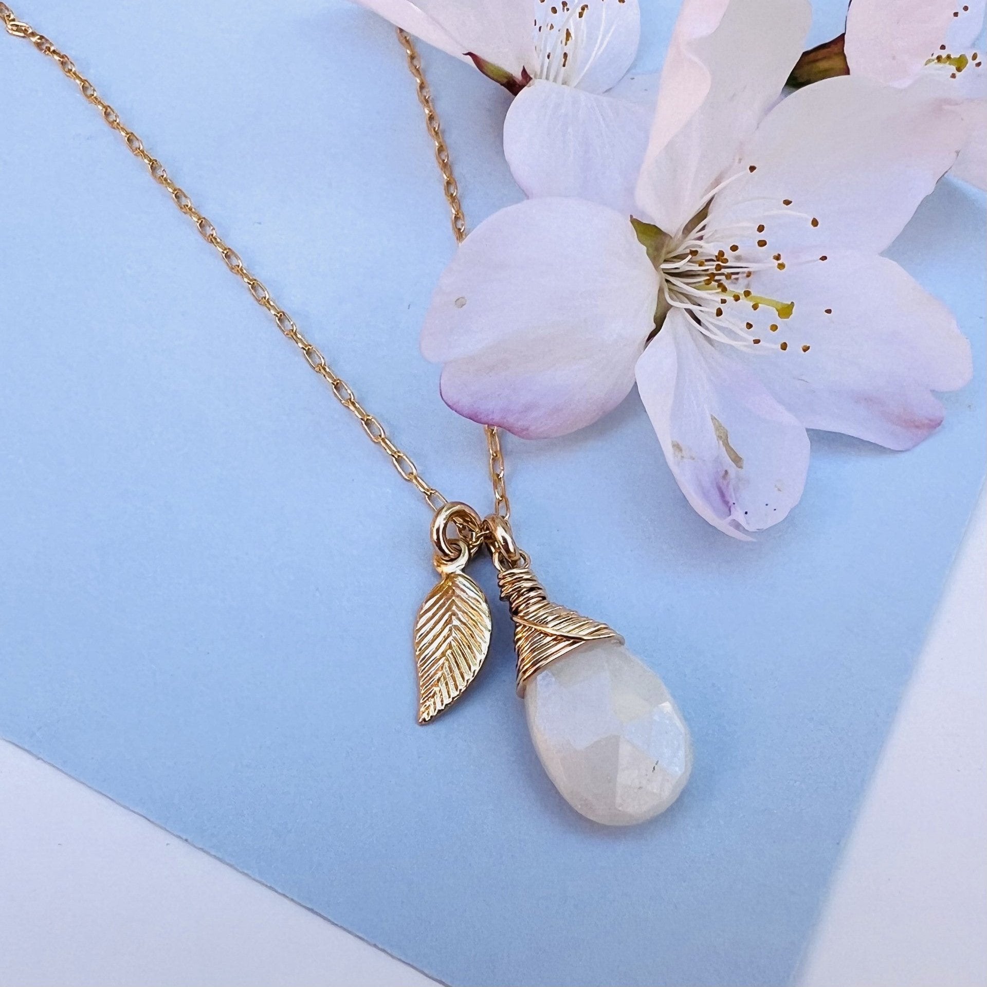 18" gold filled chain with white agate teardrop and gold filled leaf charm