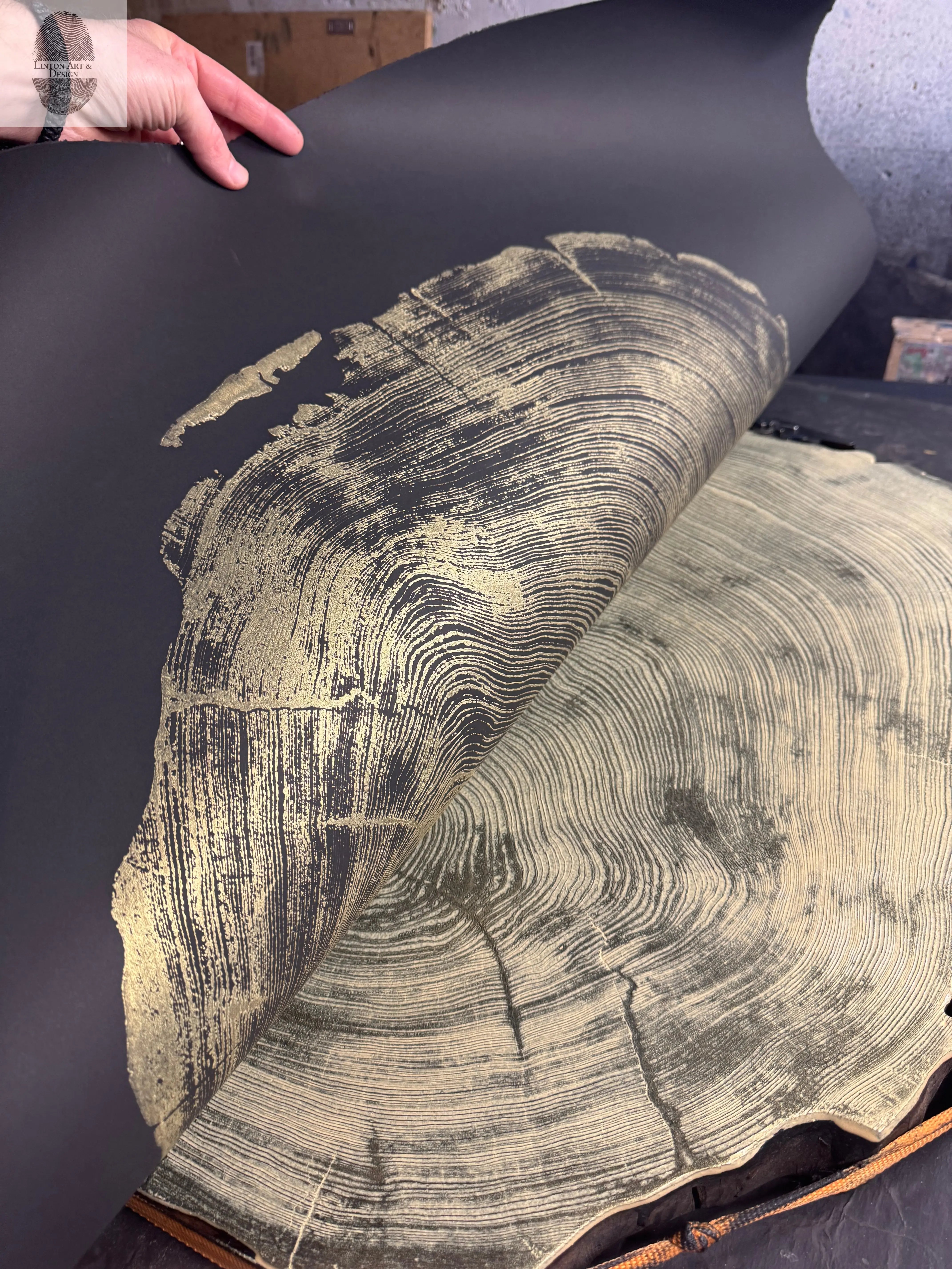 San Francisco Redwood. Gold and Black, 36x48 Inches. Original Signed artwork made from Real Redwood