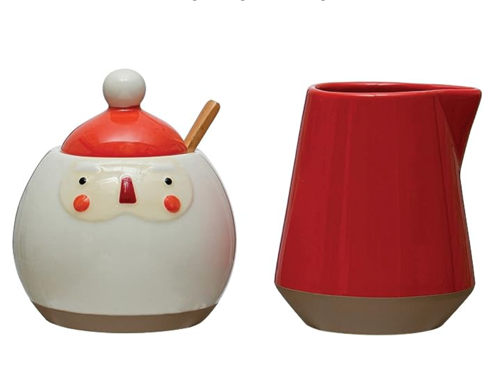 Bring festivity and fun to the table with this hand-painted stoneware Santa Sugar Pot w/ Lid & Wood Spoon or 8 oz. Creamer. Delight your guests and make your meals extra special with this eye-catching and unique sugar pot/creamer. Time to get your holiday ho-ho-ho-liday cheer on!