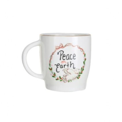 Cheers to peace on earth with this quirky stoneware mug! Featuring a gold electroplated rim, this mug is perfect for your daily dose of caffeine. Start your day with a touch of whimsy and a reminder to spread peace.&nbsp;&nbsp. Says peace on earth on the mug.
