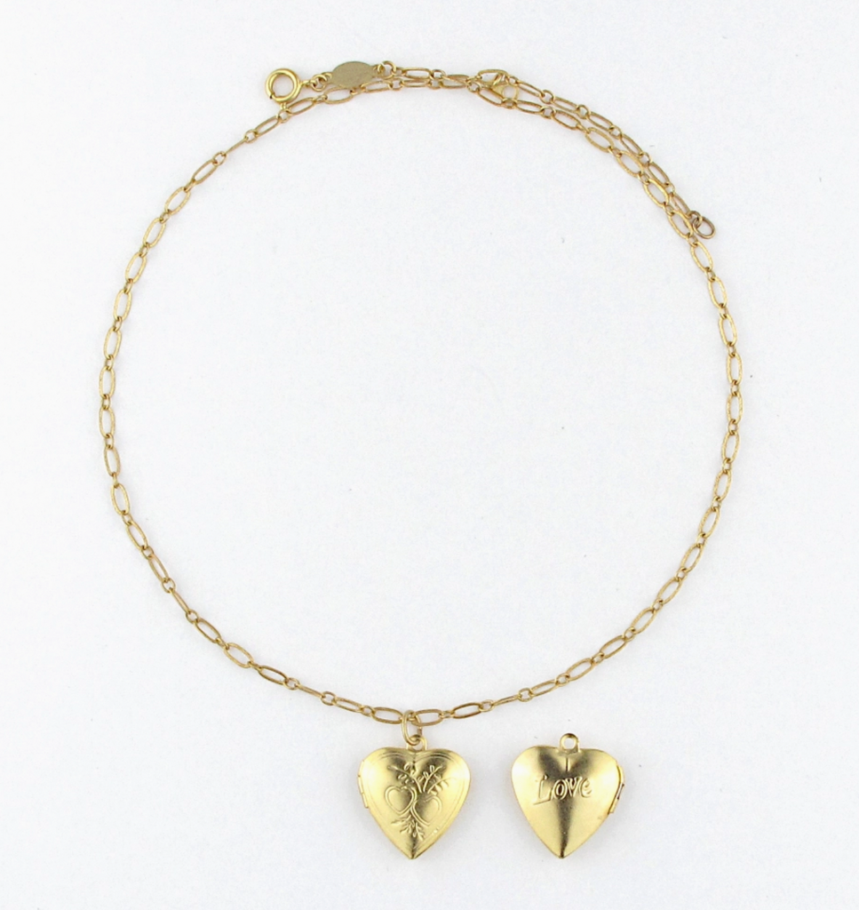 Paper Chain link necklace with gold heart locket engraved with "love"