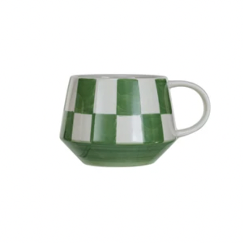 Green and white check ceramic mug