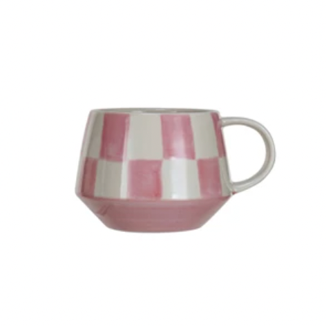 Pink and white check ceramic mug