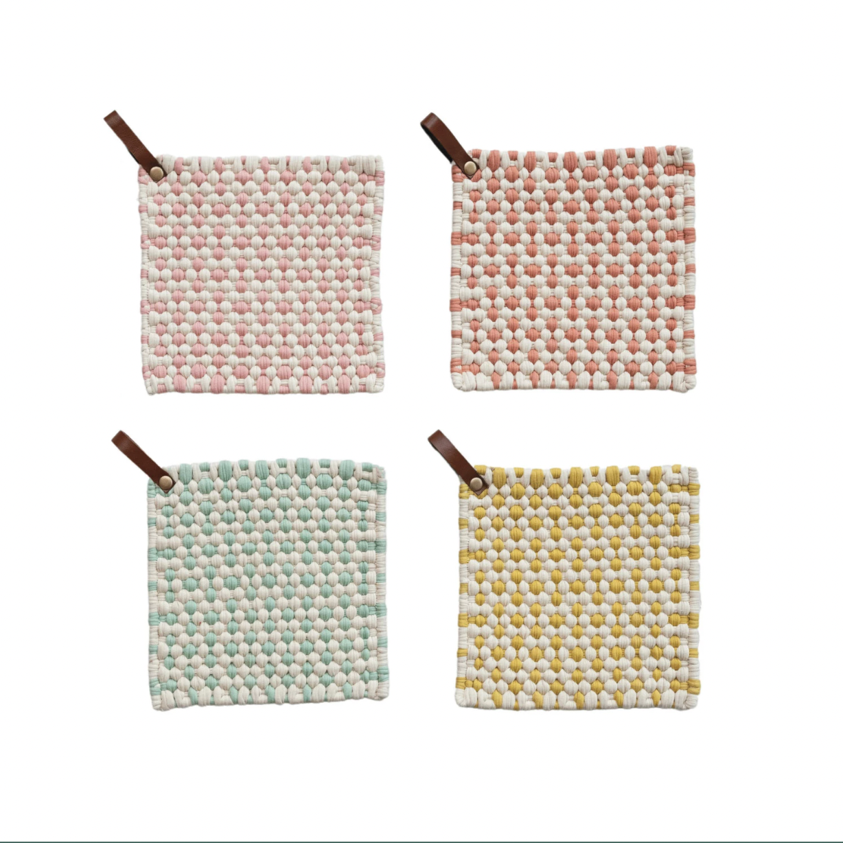 This square cotton crocheted pot holder with a leather loop is a cozy and rustic addition to the home or office kitchen. It features a square shape and a cotton crocheted design providing protection from hot pots and pans. The holder's leather loop allows easy storage and access.