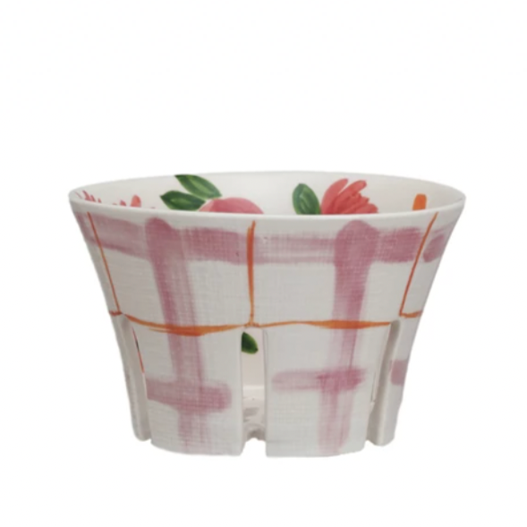 Add a touch of whimsy to your kitchen with our Hand-Painted Stoneware Berry Bowl featuring a unique pink plaid and floral pattern