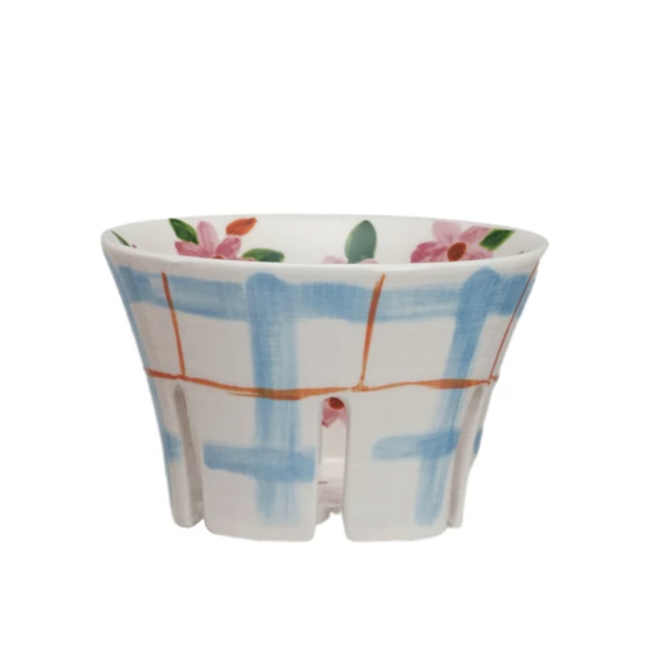Add a touch of whimsy to your kitchen with our Hand-Painted Stoneware Berry Bowl featuring a unique blue plaid and floral pattern