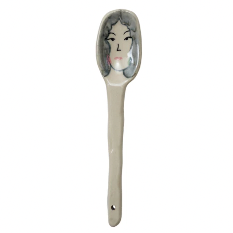 Stoneware Spoon with Hand-Painted Face - Grey Hair & Pink Earrings