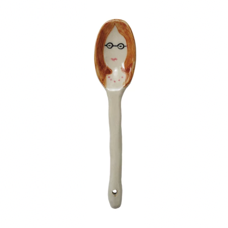 Stoneware Spoon with Hand-Painted Face - Red Hair & Pink Necklace