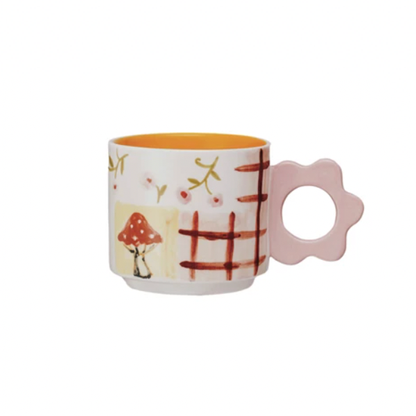 Hand-Painted Stoneware with Mushroom Design & Pink Flower Handle