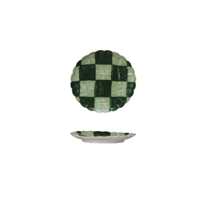 Add a pop of color to your kitchen with our Hand-Painted Stoneware Scalloped Plate! With a unique pattern and scalloped design, it's sure to liven up any meal. Made with high-quality stoneware, it's durable and perfect for everyday use. Upgrade your dining experience now! Green Check w/ White Daisies