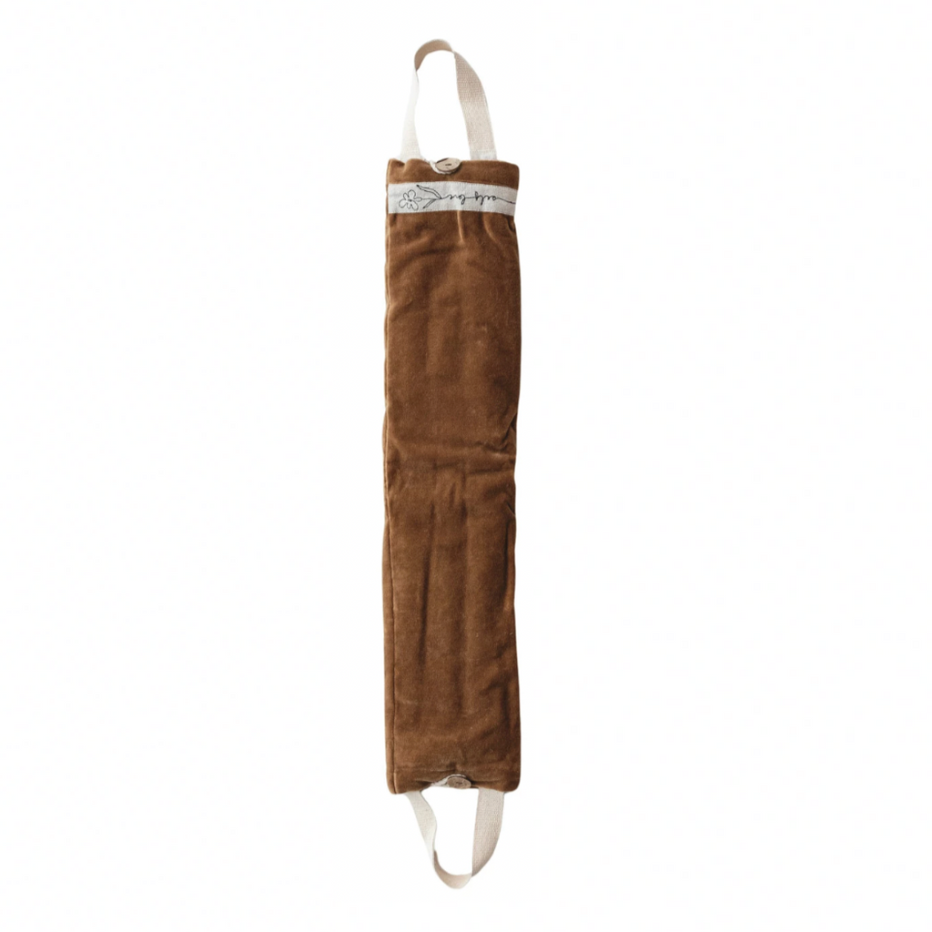 Microwaveable Hot/Cold Neck Wrap with embroidered saying, handles &amp; cotton velvet cover filled with natural lentils &amp; lavender. Brown