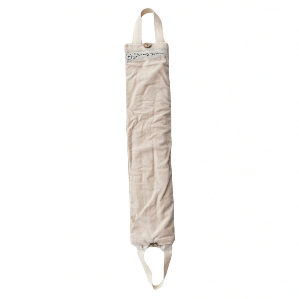 Microwaveable Hot/Cold Neck Wrap with embroidered saying, handles &amp; cotton velvet cover filled with natural lentils &amp; lavender. Cream