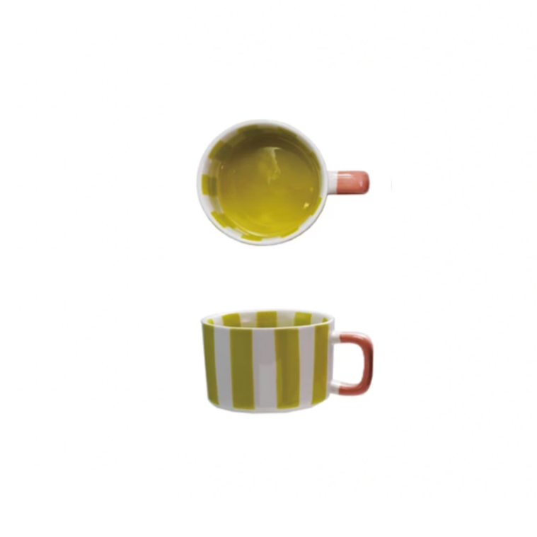 Brighten your sip with this Hand-Painted Stoneware Striped Mug in cheerful striped citron! Its playful stripes and cozy shape make every coffee or tea break a little more fun. Handcrafted with love, this mug adds a pop of sunshine to your day—perfect for starting mornings with a smile! 14 oz. - 4" Round x 3"H