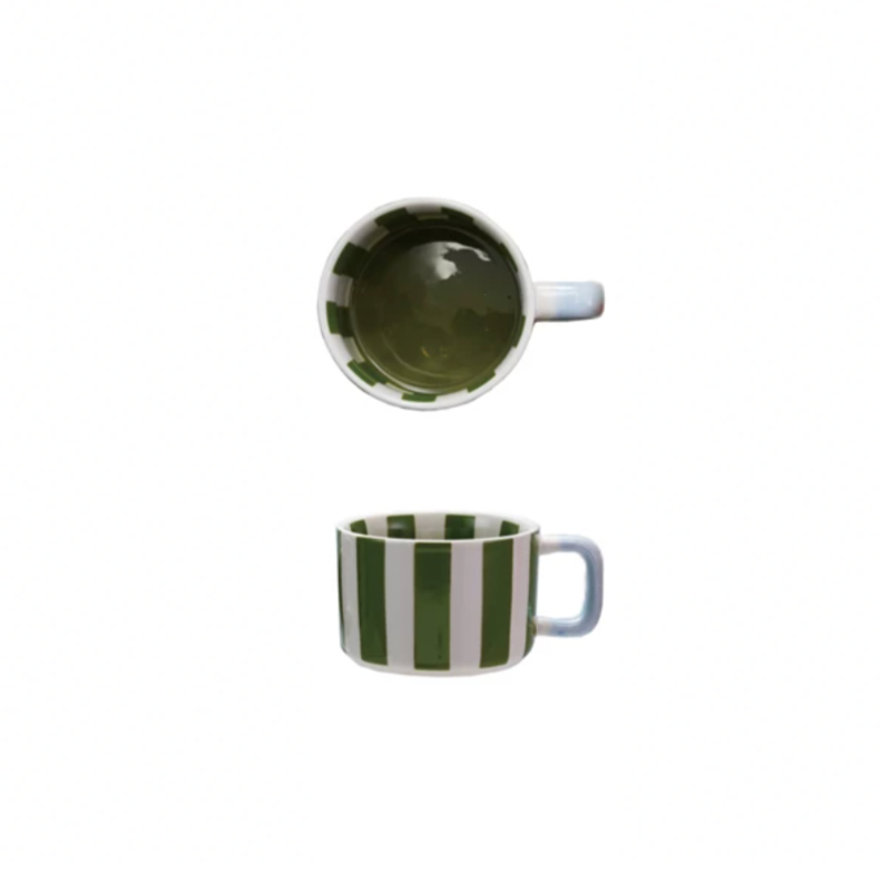 Brighten your sip with this Hand-Painted Stoneware Striped Mug in cheerful striped Green! Its playful stripes and cozy shape make every coffee or tea break a little more fun. Handcrafted with love, this mug adds a pop of sunshine to your day—perfect for starting mornings with a smile! 14 oz. - 4" Round x 3"H