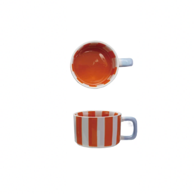 Brighten your sip with this Hand-Painted Stoneware Striped Mug in cheerful striped Orange! Its playful stripes and cozy shape make every coffee or tea break a little more fun. Handcrafted with love, this mug adds a pop of sunshine to your day—perfect for starting mornings with a smile! 14 oz. - 4" Round x 3"H