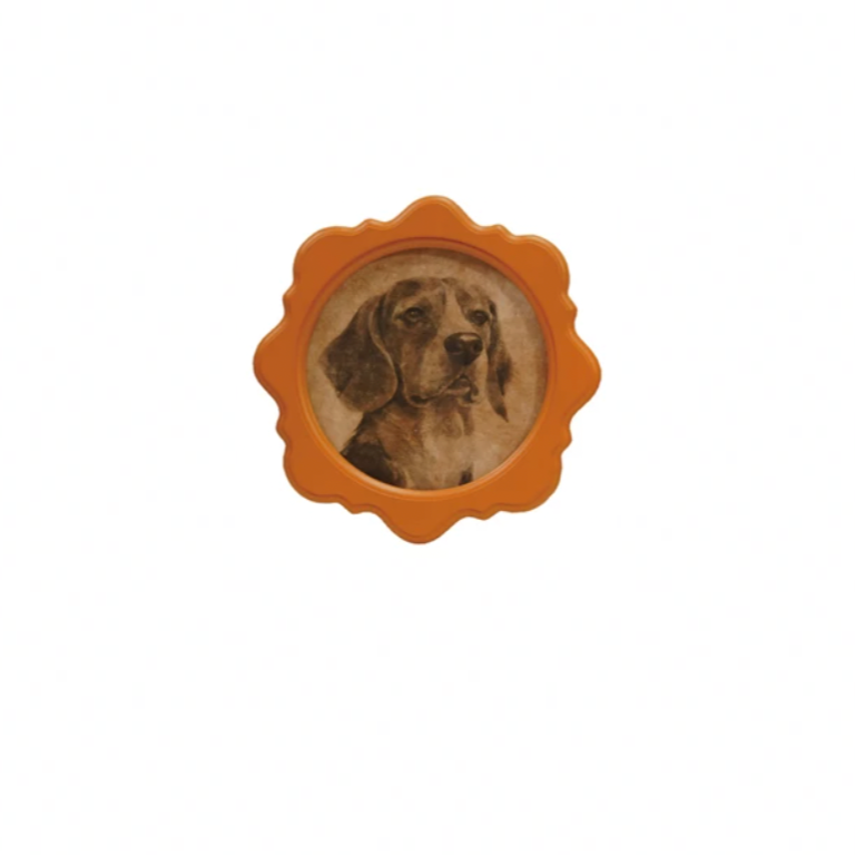 Add a touch of whimsy to your space with this framed wall décor featuring a charming vintage reproduction of a dog. Perfect for dog lovers and vintage art fans alike, this playful piece brings personality and nostalgia to any room. Its classic frame highlights the delightful image, making it a fun and stylish accent for your home or office.9-3/4" Round. Orange frame