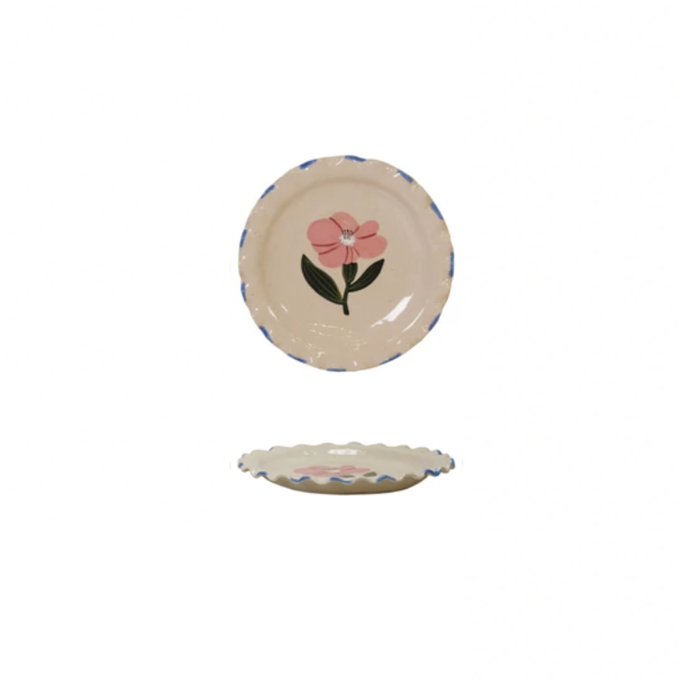 Add a splash of charm to your table with this Hand-Painted Stoneware Plate featuring a delightful ruffled edge and a whimsical pink flower design. Each plate is uniquely crafted, bringing a touch of artistry and fun to every meal. Perfect for serving up your favorite dishes with a playful twist! 8-1/2" Round