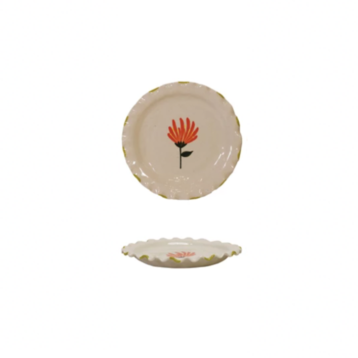Add a splash of charm to your table with this Hand-Painted Stoneware Plate featuring a delightful ruffled edge and a whimsical orange flower design. Each plate is uniquely crafted, bringing a touch of artistry and fun to every meal. Perfect for serving up your favorite dishes with a playful twist! 8-1/2" Round