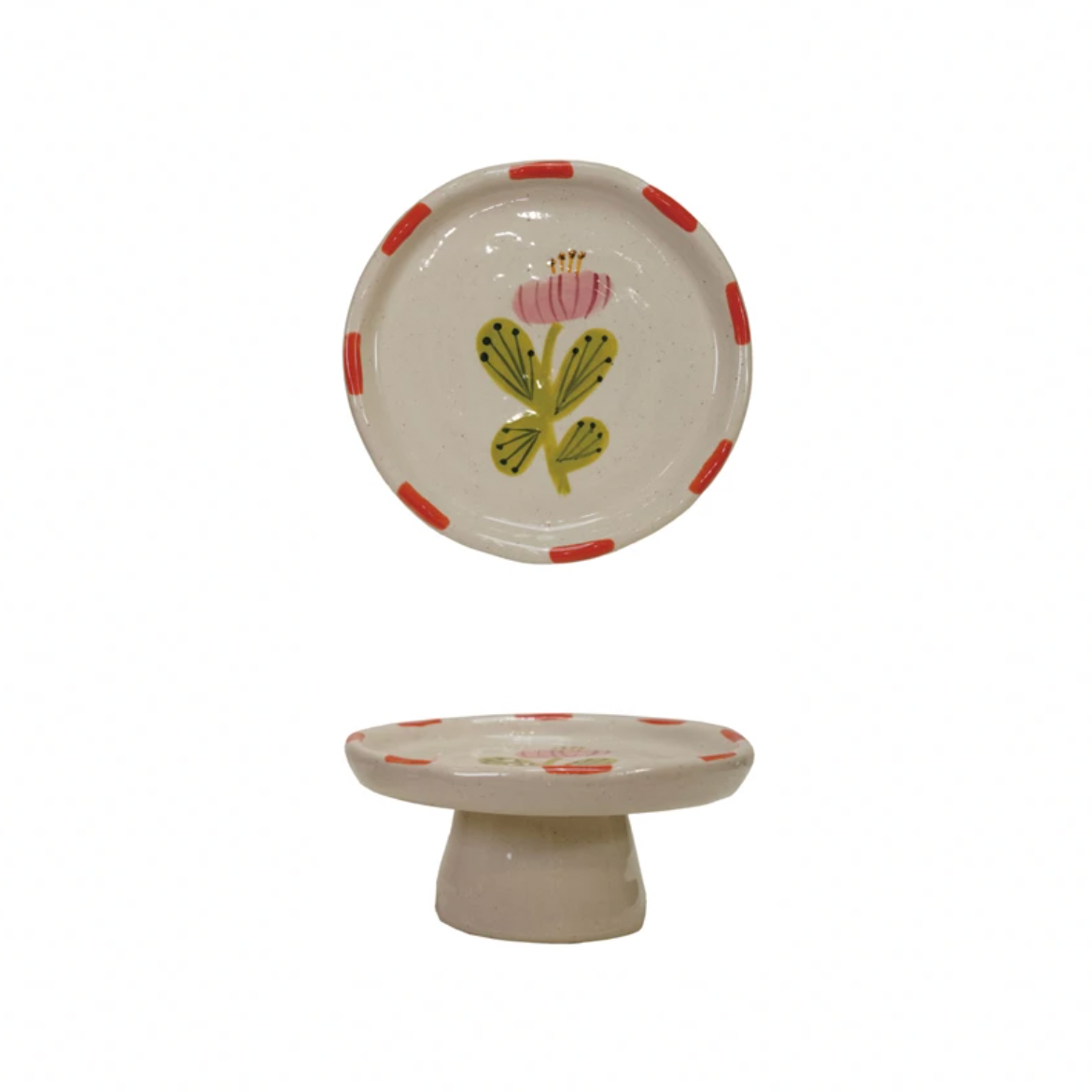 Add a splash of charm to your table with this Hand-Painted Stoneware Pedestal featuring a delightful pink flower &amp; green leaf design. Perfect for showcasing desserts or elevating your favorite treats, its sturdy stoneware build combines beauty and function. Brighten up any gathering with this playful centerpiece that’s as practical as it is pretty! 5" Round x 2-1/2"H