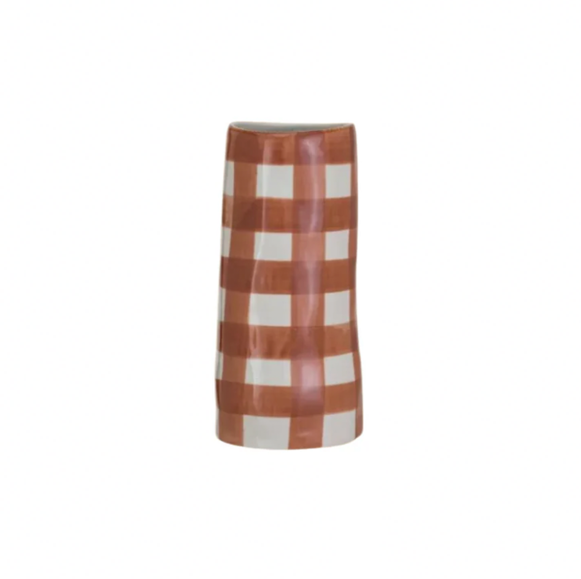 Vase with brown and white checkered pattern on a white background