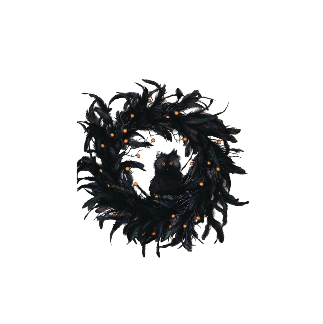 Black feather wreath with owl design on a white background 