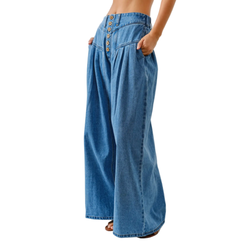 Blue denim wide-leg pants worn by a person on a white background