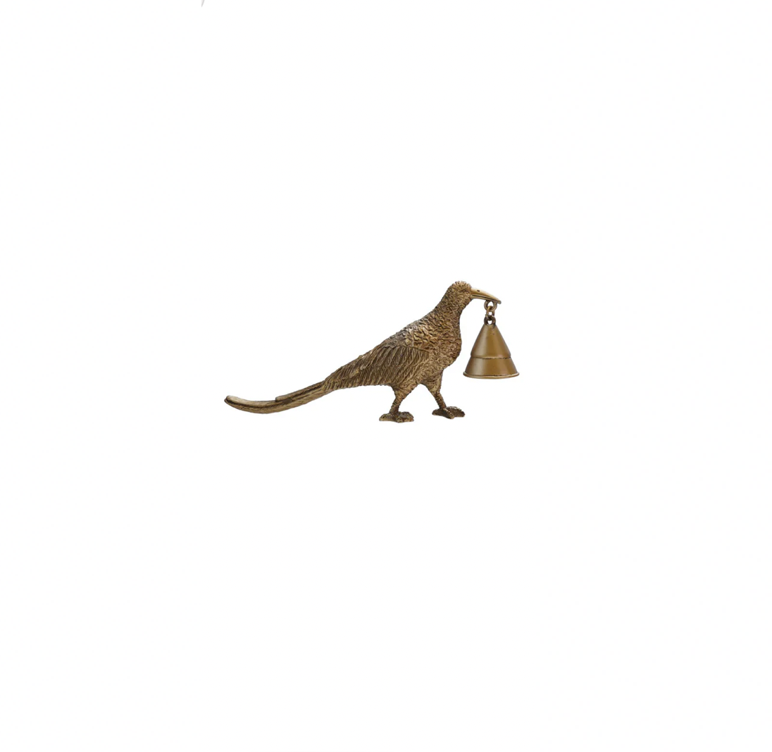 Bronze pheasant-shaped candle snuffer on a white background