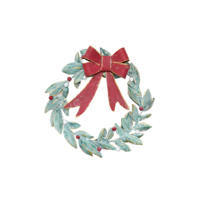 metal Wreath with red berries & a red bow
