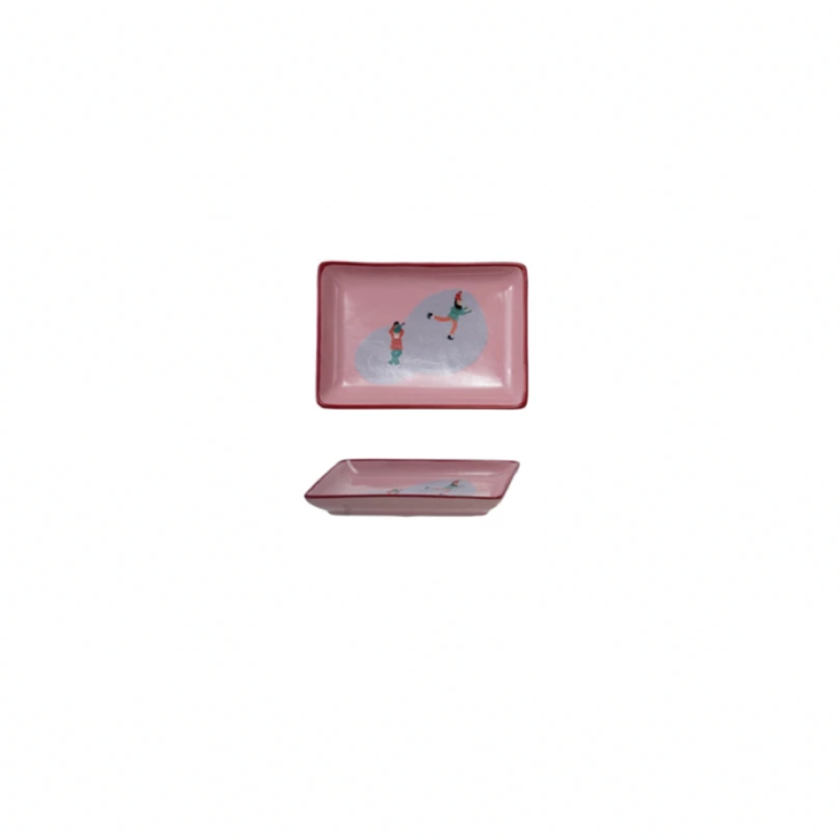 Stoneware Red Rimmed Dish with Ice Skaters