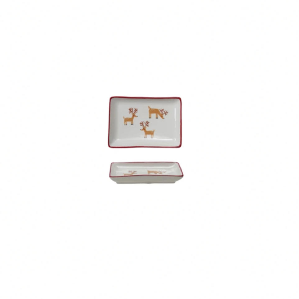 Stoneware Red Rimmed Dish with Reindeers