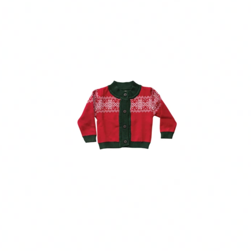 Red sweater with black trim on a white background