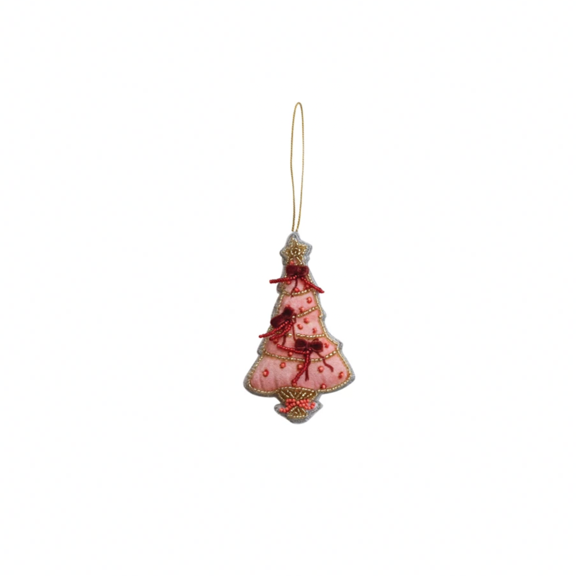 Decorative Christmas tree ornament with pink and gold details on a white background
