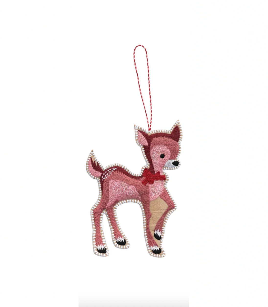 Felt deer ornament with a red bow tie on a white background pink 