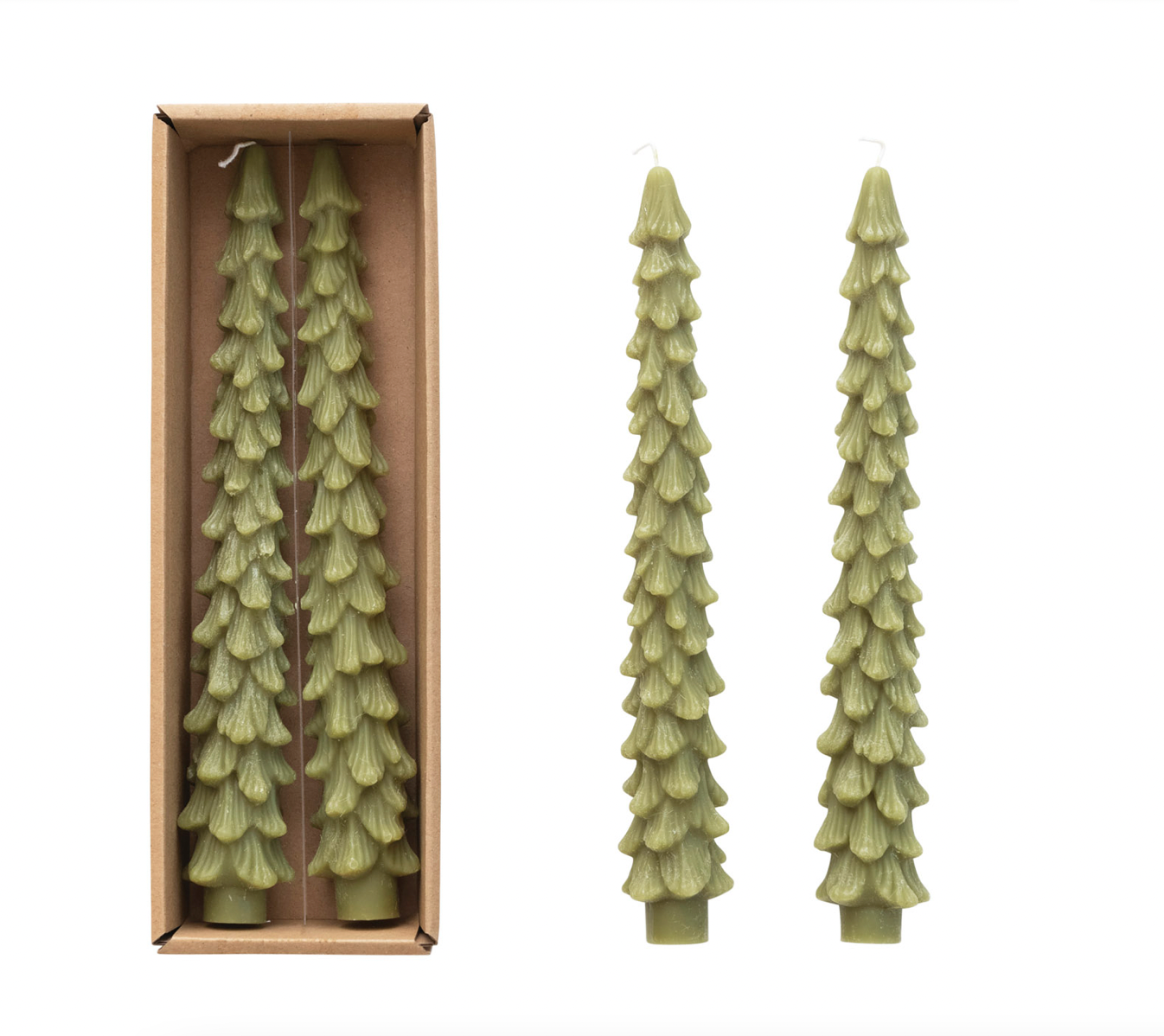 Set of tall green candles shaped like evergreen trees, one outside the box and one inside.