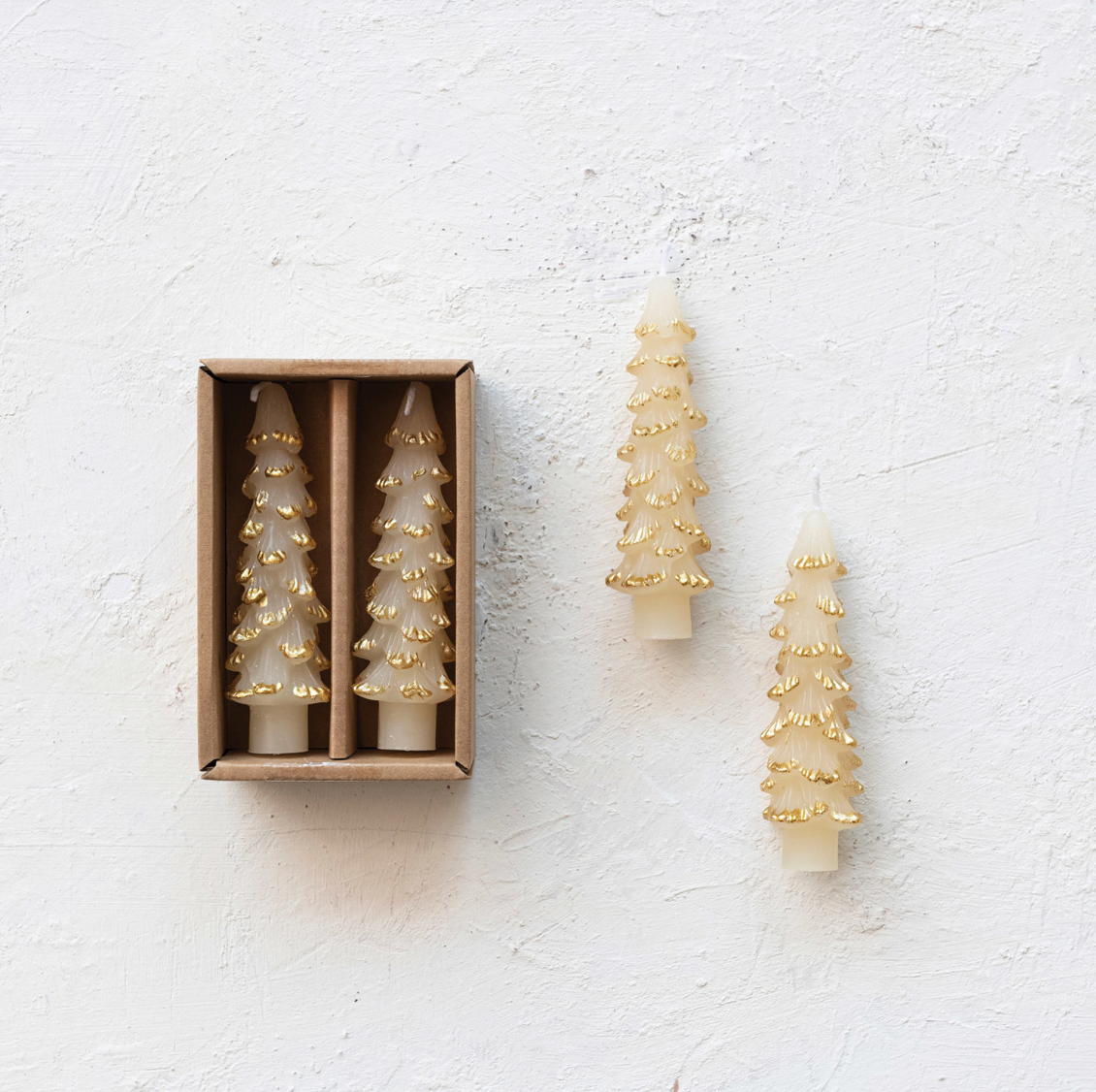 Unscented Tree Shaped Taper Candles w/ Gold Tips - Eggnog Color
