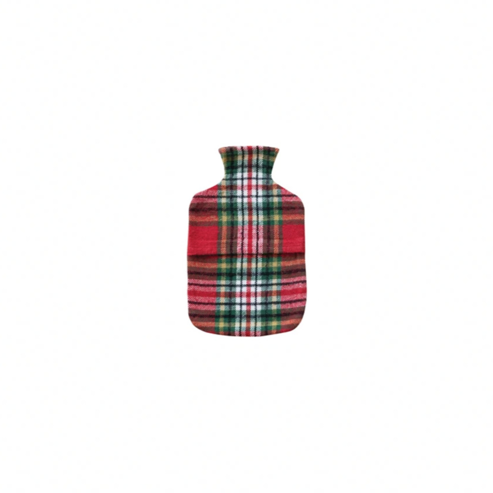 Silicone Water Bottle with Flannel Cover - Red & Green Plaid