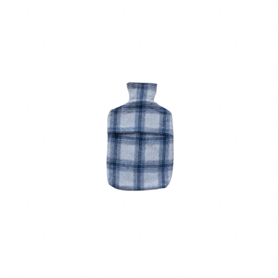 Blue plaid water bottle on a white background