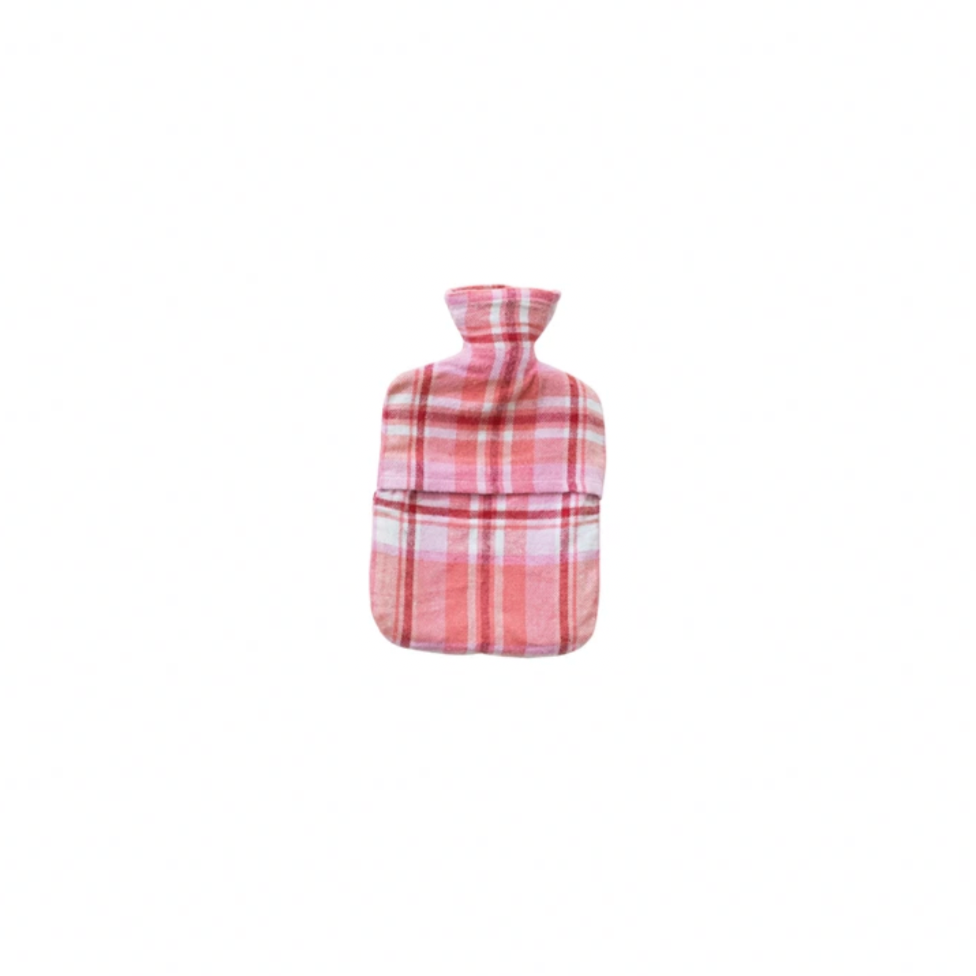 pink plaid hot water bottle on a white background