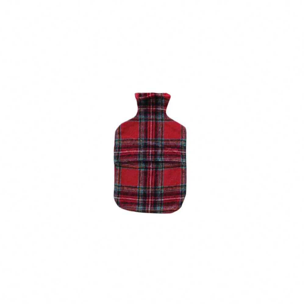 Red and black plaid hot water bottle on a white background