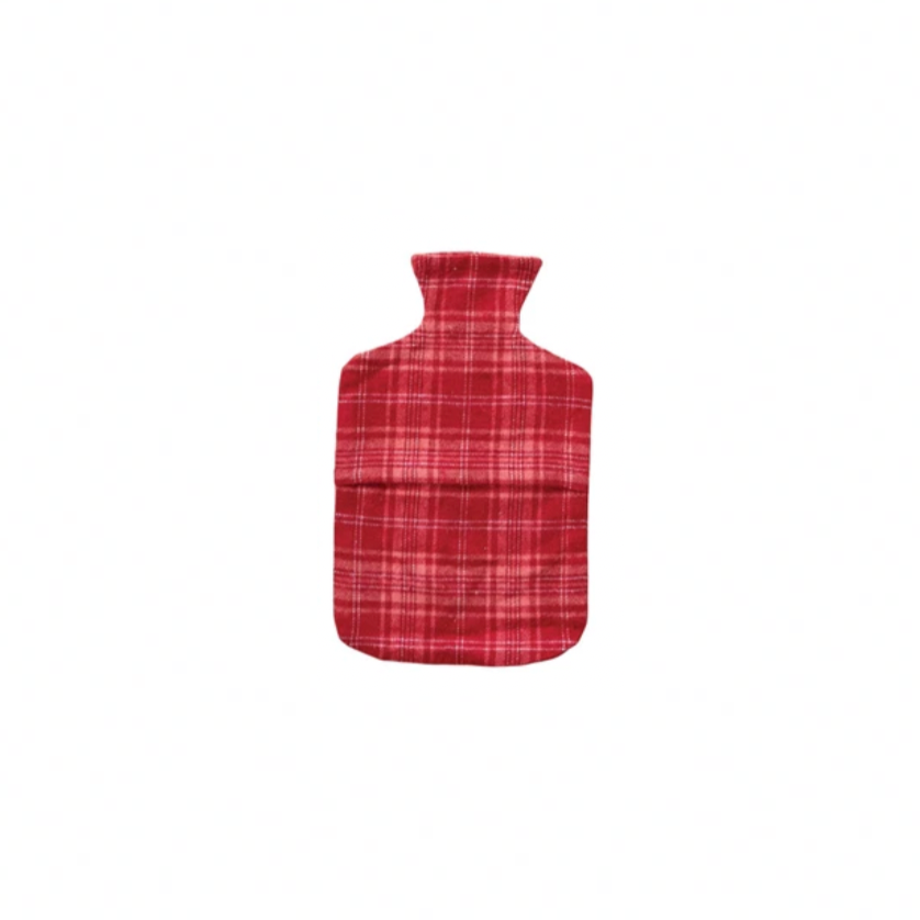 Red & pink plaid hot water bottle on a white background