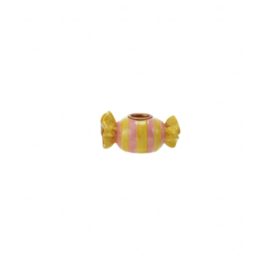 Decorative candy-shaped vase with pink and yellow stripes on a white background
