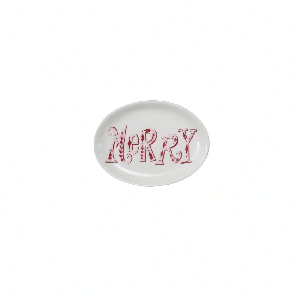 Round white plate with red text 'Merry' on a white background