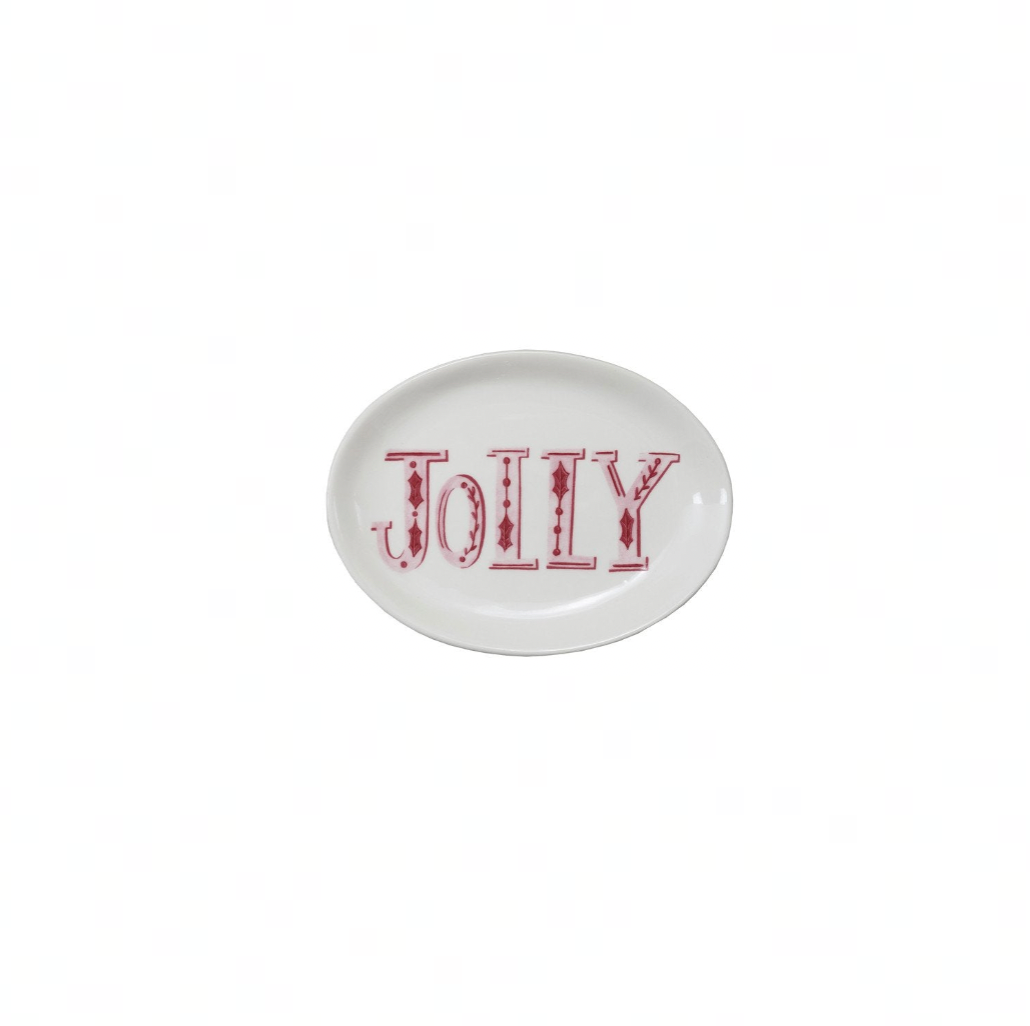 White oval plate with 'Jolly' text in red on a white background