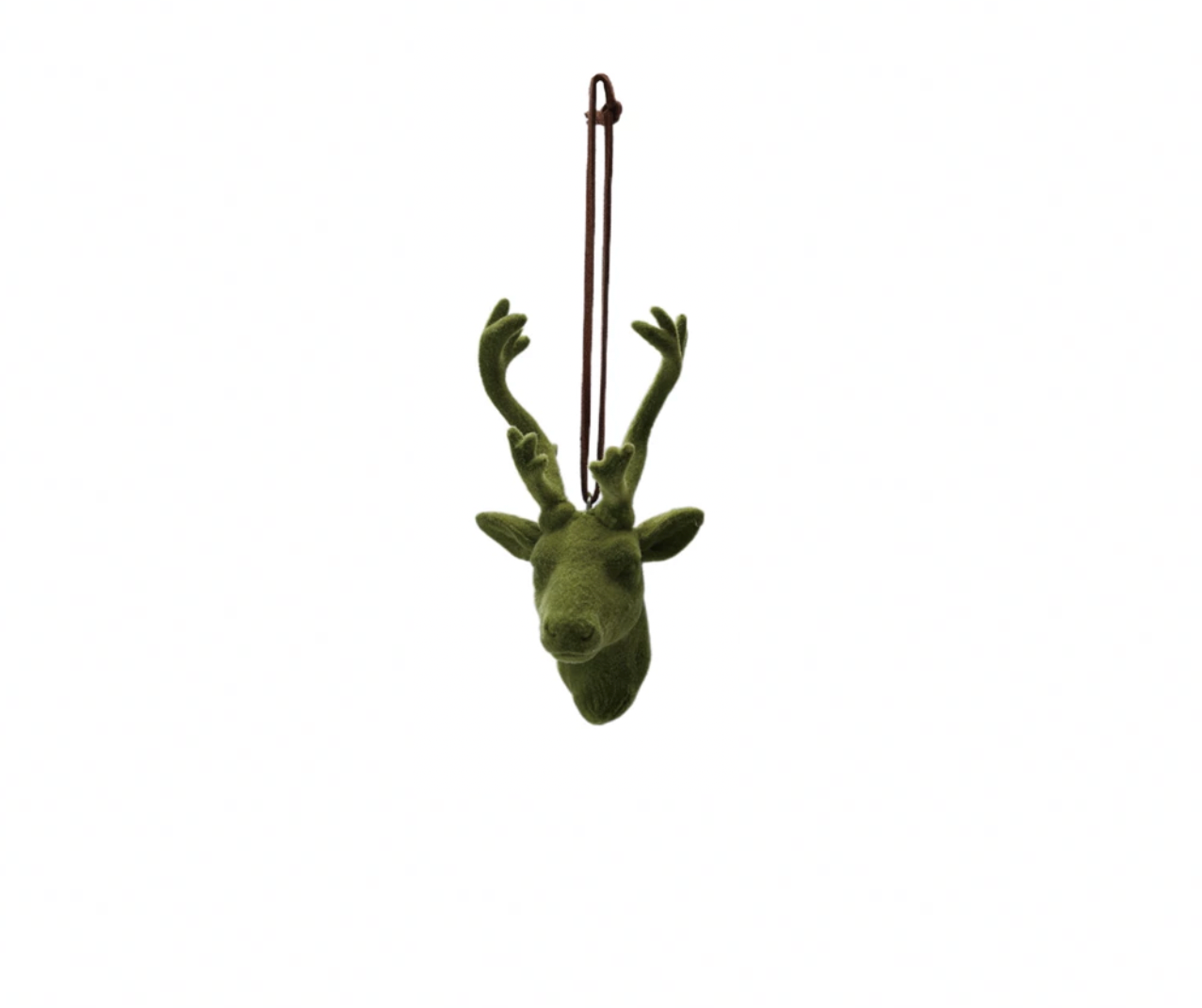 Green deer head ornament hanging on a white background