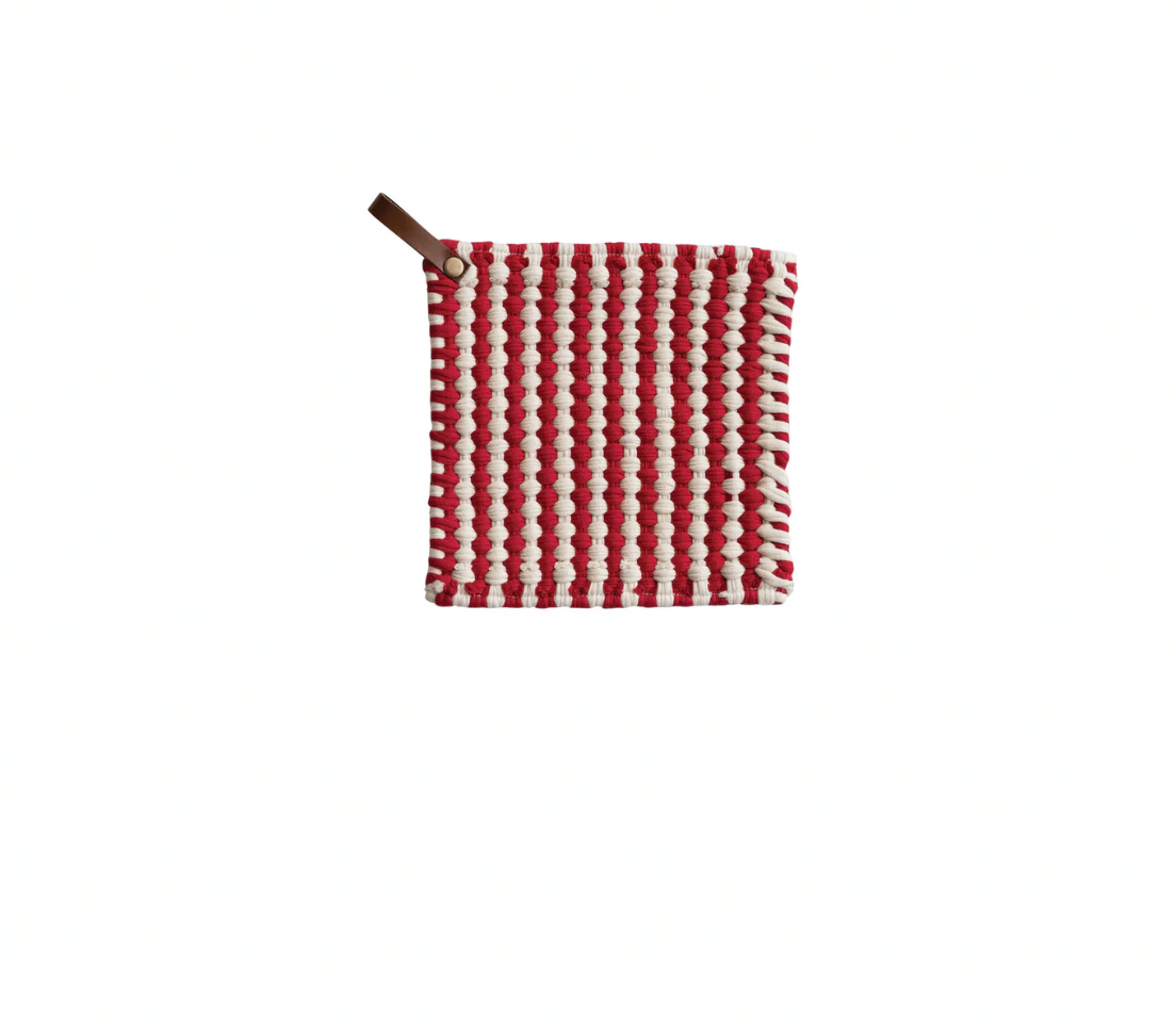 Cotton Crocheted Pot Holder with Leather Loop - Red