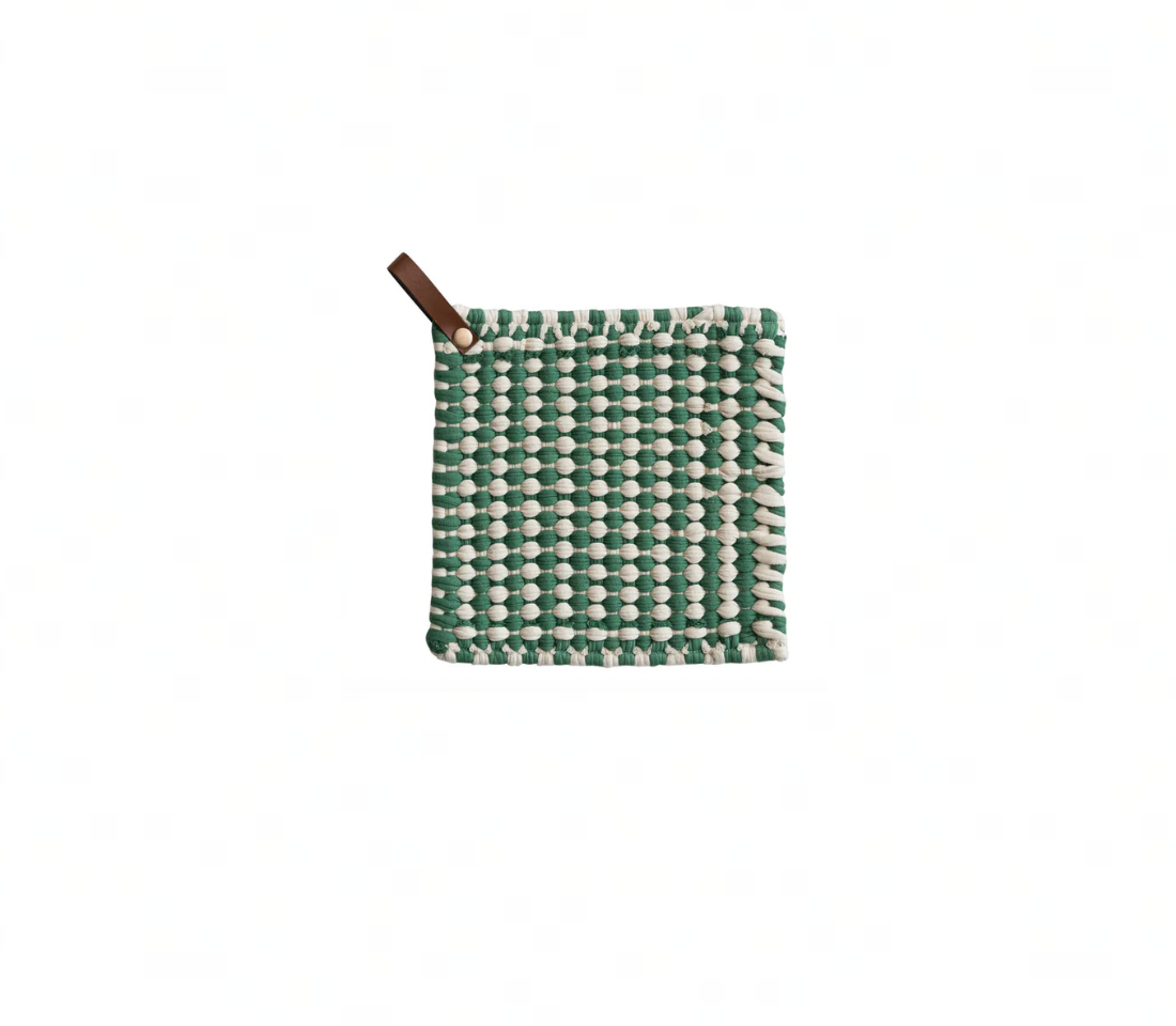 Cotton Crocheted Pot Holder with Leather Loop - Green