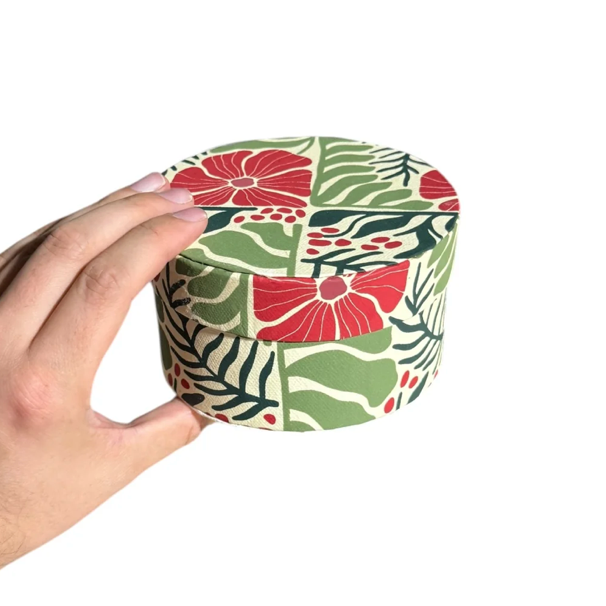Round Handmade Recycled Paper Botanical Green Nesting Gift Boxes