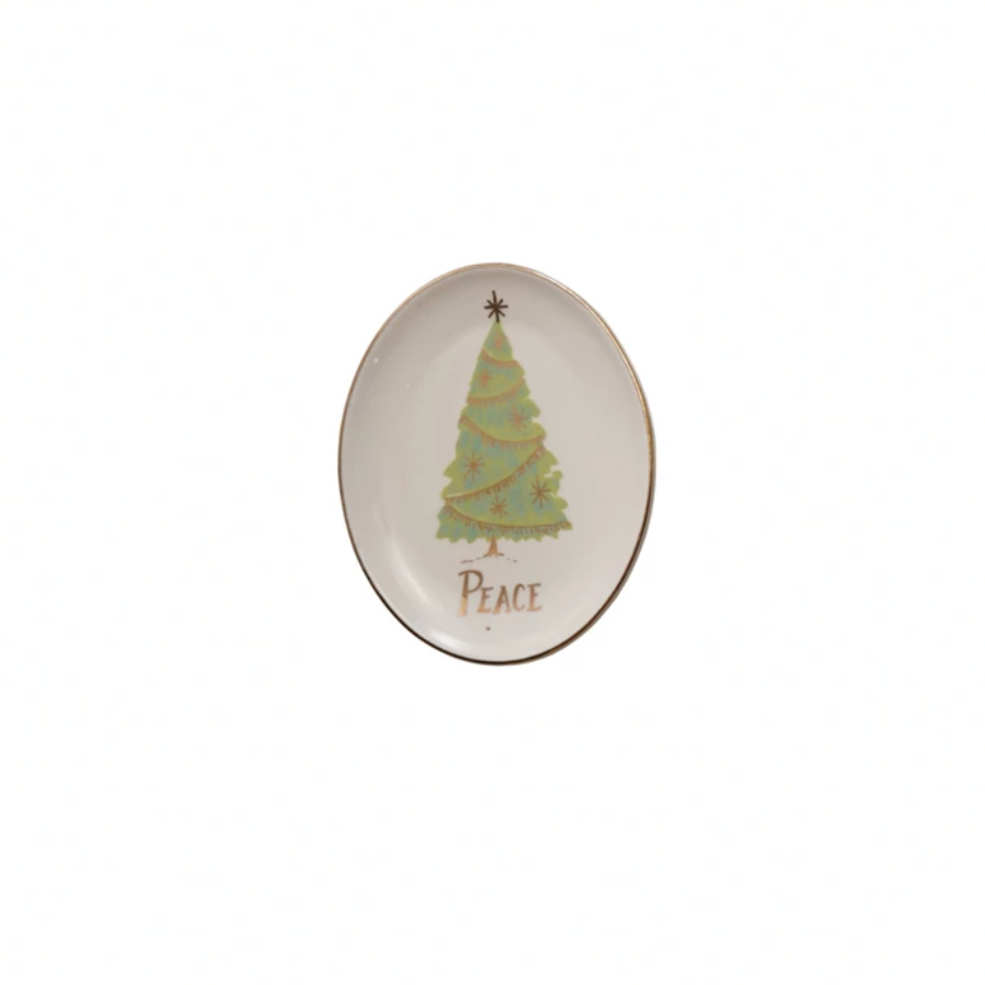 Plate with tree & words peace on it